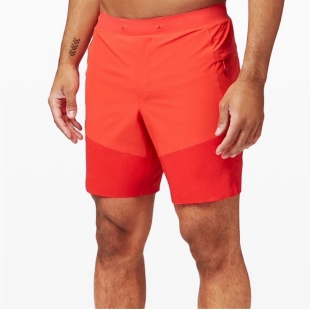 Lululemon Train to Beach 8" Red Lined Drawstring Shorts Zip Pockets Size L